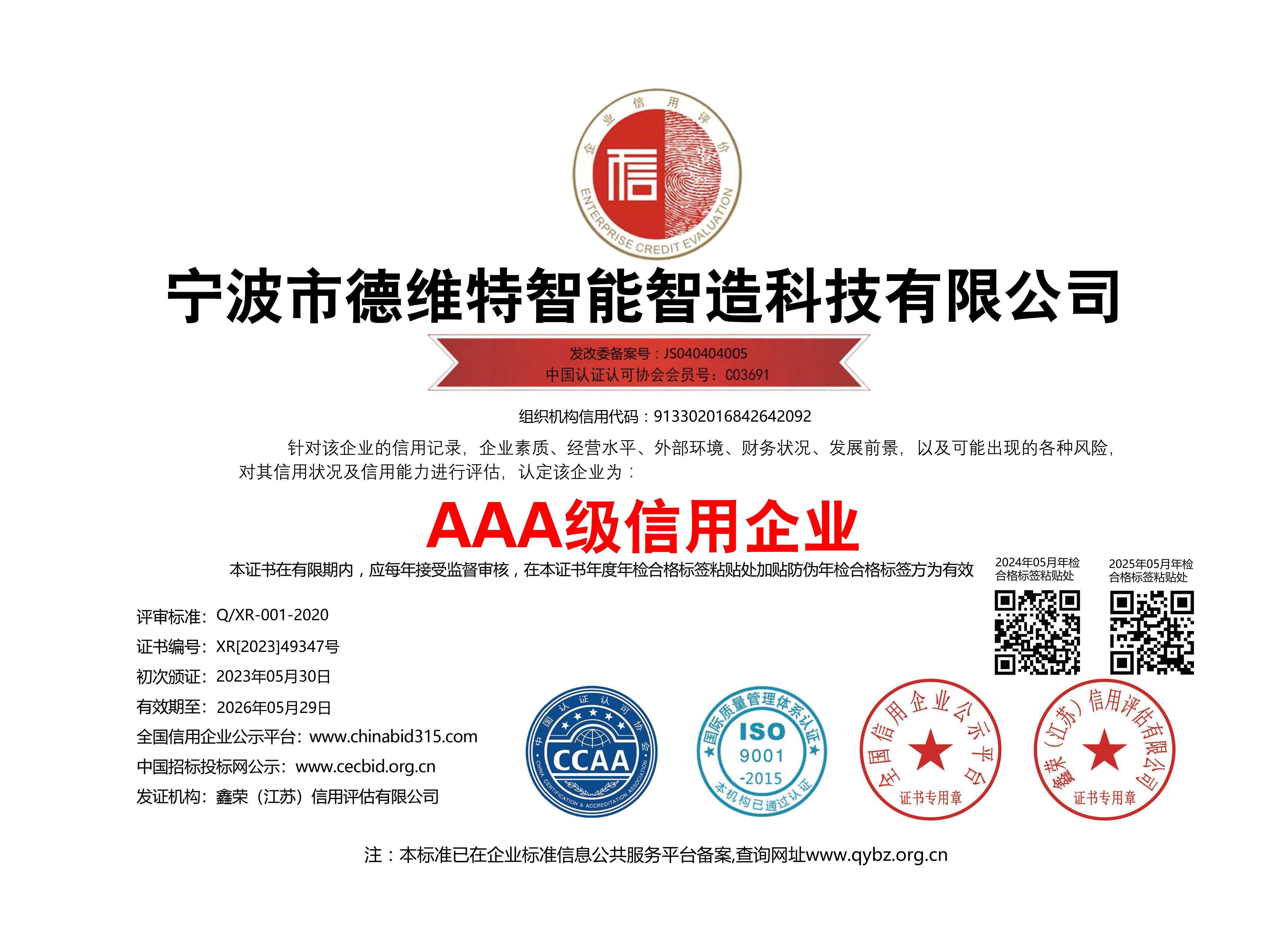 AAA級信用企業(yè)銅牌